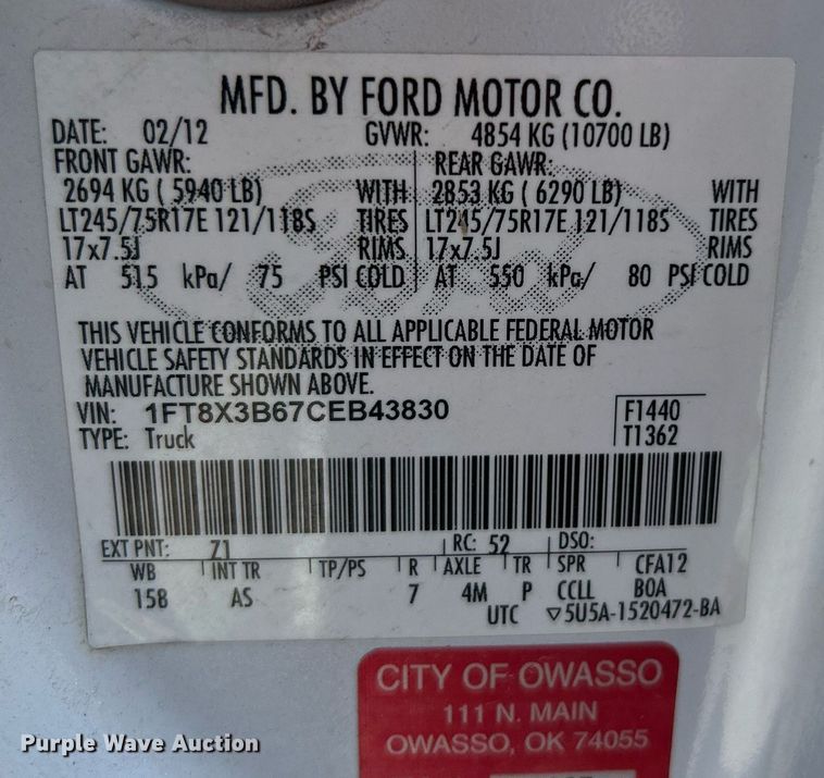 image for item LE9759 2012 Ford F350 Super Duty  SuperCab pickup truck