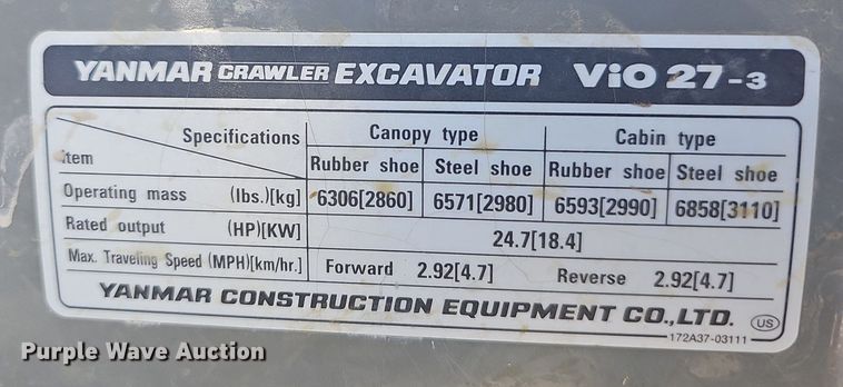 image for item LE9767 2005 Yanmar VI027-3  mini excavator