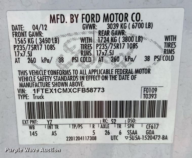 image for item LF9461 2012 Ford F150  SuperCab pickup truck