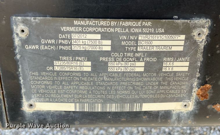 image for item LV9849 2012 Vermeer BC1500  wood chipper