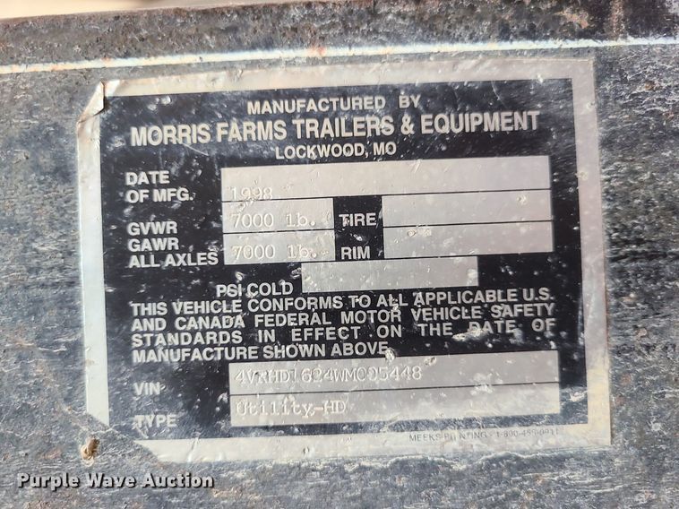image for item MG9714 1998 Morris Farms  utility trailer