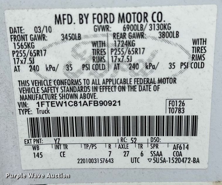 image for item NQ9305 2010 Ford F150  SuperCrew pickup truck