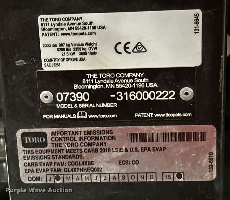 image for item NX9705 2016 Toro Workman HDX Auto 07390  utility vehicle