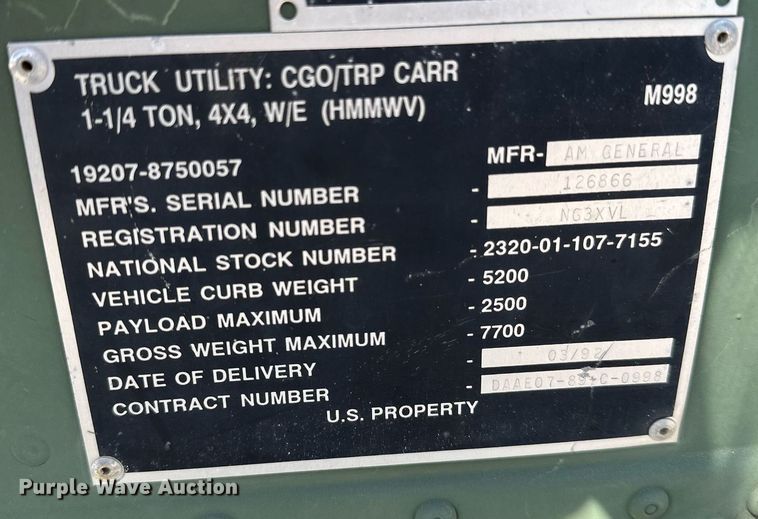 image for item OG9178 1992 Am General M998  SUV