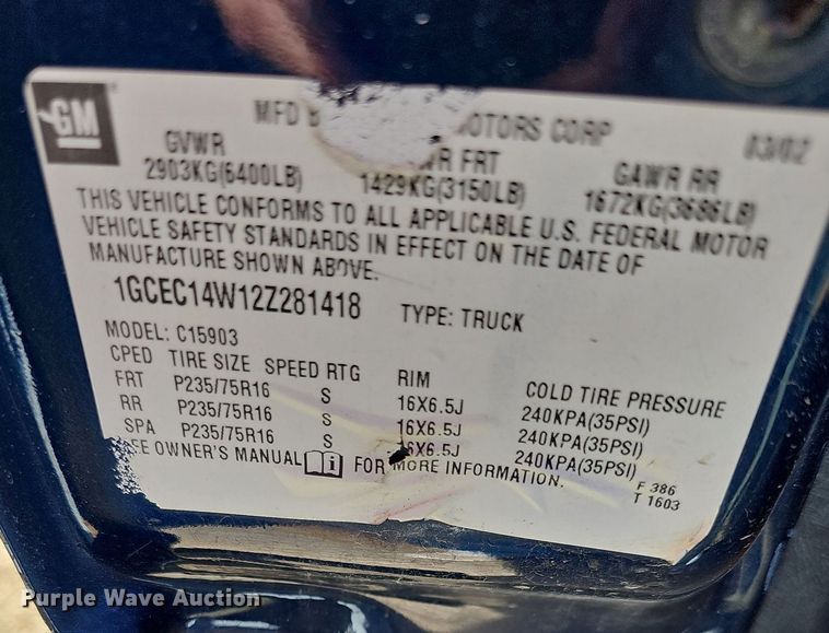 image for item DN8705 2002 Chevrolet Silverado 1500  pickup truck