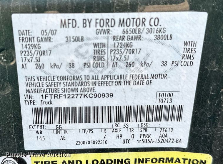 image for item DQ4097 2007 Ford F150 XL  pickup truck