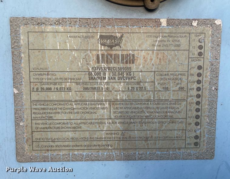 image for item NY9849 2012 Wabash  dry van trailer