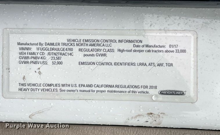 image for item NY9878 2018 Freightliner Cascadia 125  semi truck