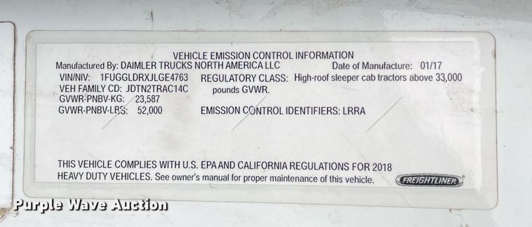 image for item NY9879 2018 Freightliner Cascadia 125  semi truck