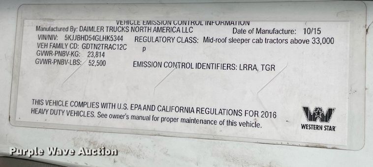 image for item NY9881 2016 Western Star 5700XE  semi truck