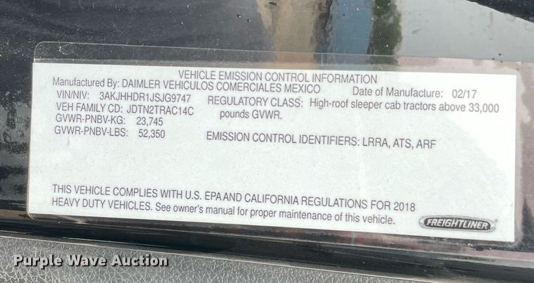 image for item NY9884 2018 Freightliner Cascadia 126SLP  semi truck