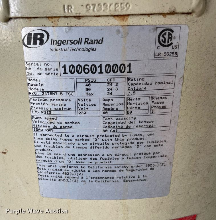 image for item NY9897 Ingersoll Rand 2475  air compressor