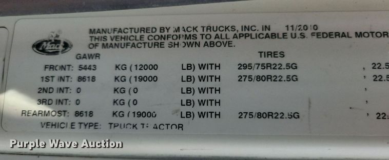 image for item IQ9941 2011 Mack CXU613  semi truck