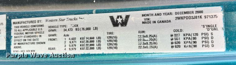 image for item NA9169 2001 Western Star 4964FX  semi truck