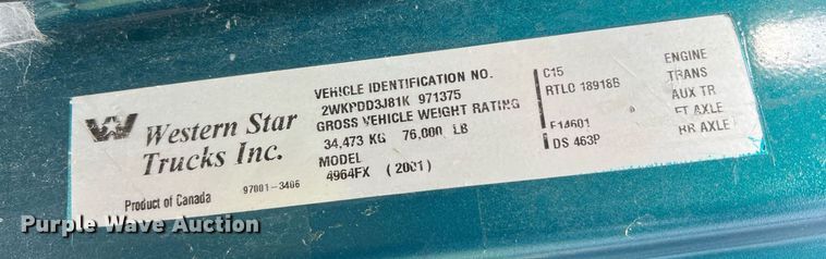 image for item NA9169 2001 Western Star 4964FX  semi truck