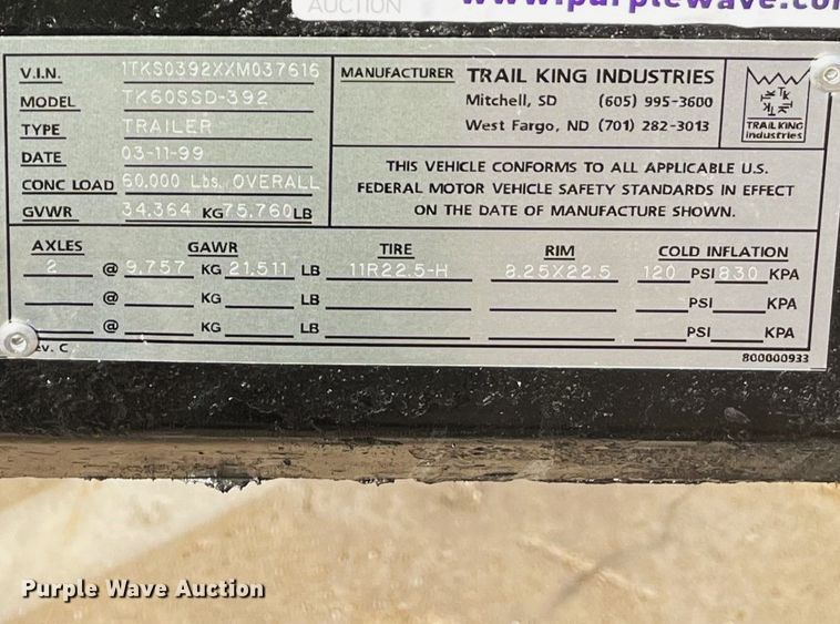 image for item NL9452 1999 Trail King TK60SSD-392  side dump trailer