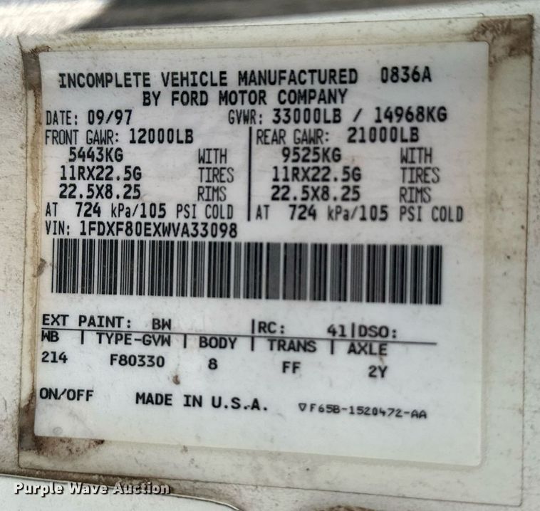 image for item NX9715 1998 Ford F8000  crane truck