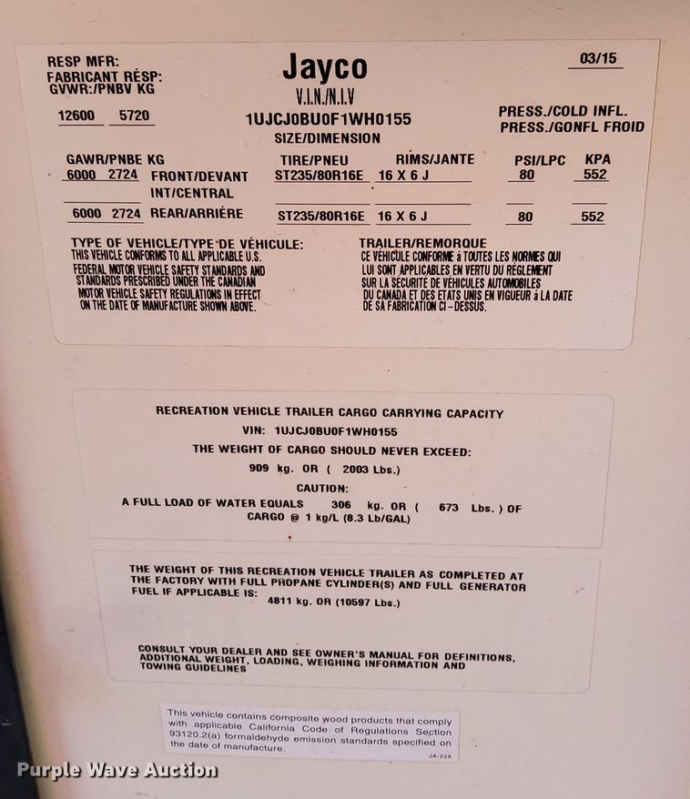 image for item DK8816 2015 Jayco Eagle  camper