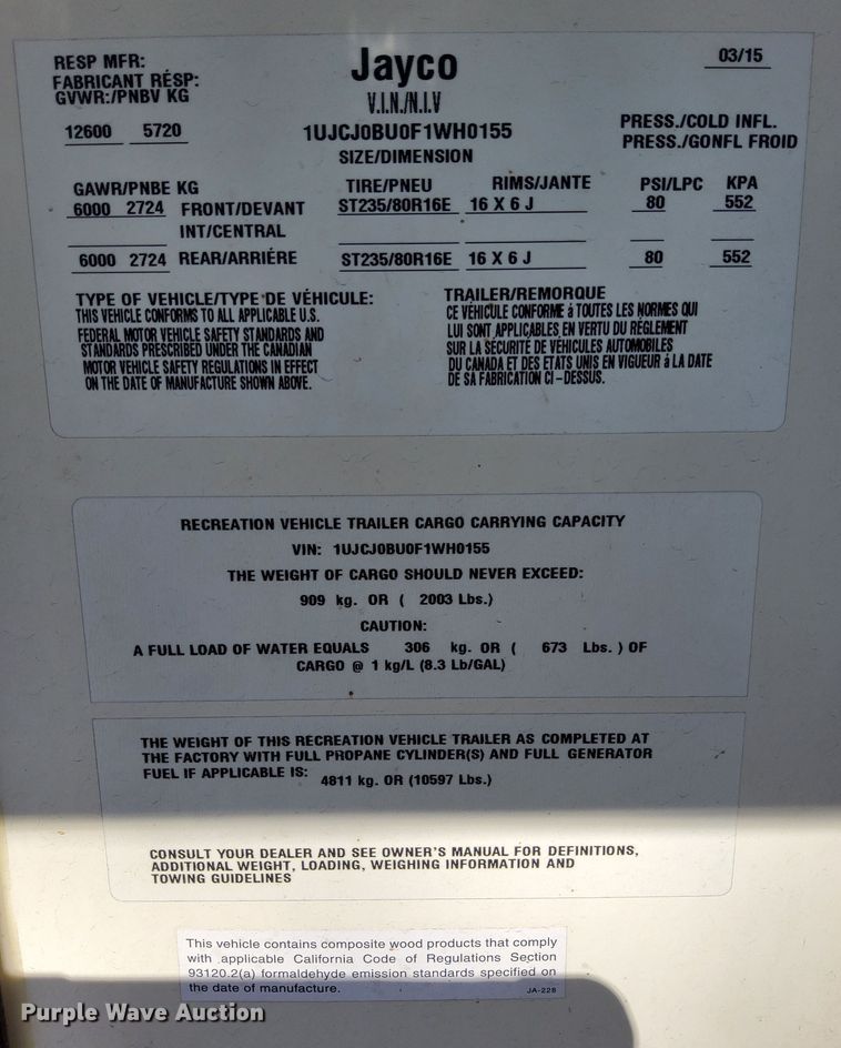 image for item DK8816 2015 Jayco Eagle  camper