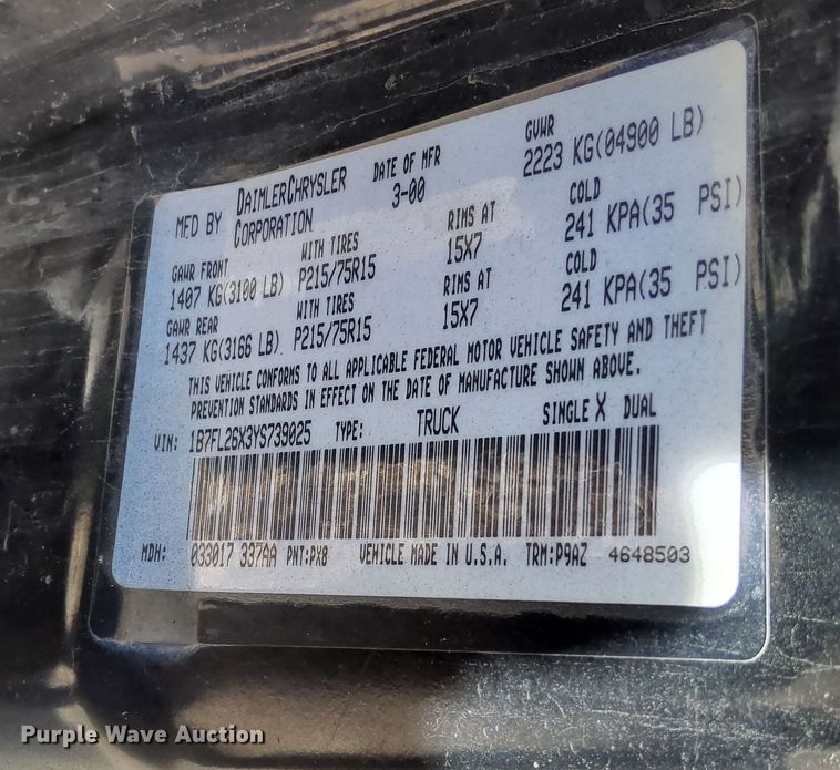 image for item DK8819 2000 Dodge Dakota  pickup truck