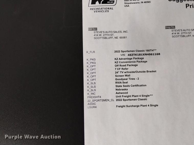 image for item DK8822 2022 KZ Sportsman Classic toy hauler camper