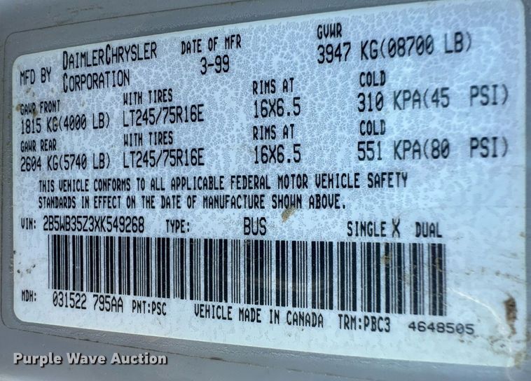 image for item DM2625 1999 Dodge Ram Wagon 3500  van