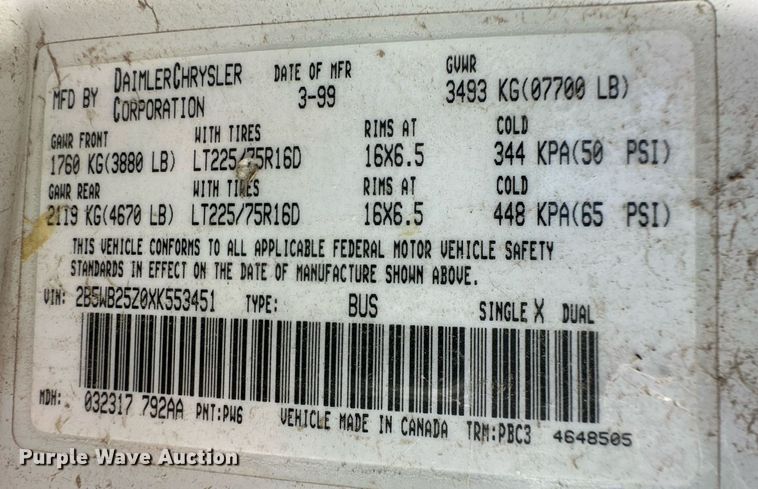 image for item DM2626 1999 Dodge Ram Wagon 2500  van