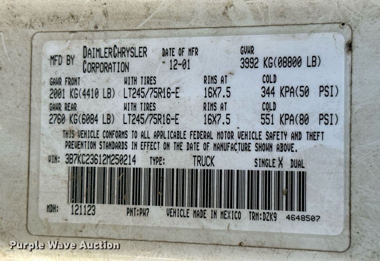 image for item DM6497 2002 Dodge Ram 2500  Quad Cab pickup truck