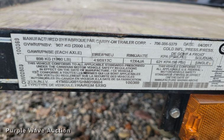 image for item DN4137 2017 Carry On 5X8G  utility trailer