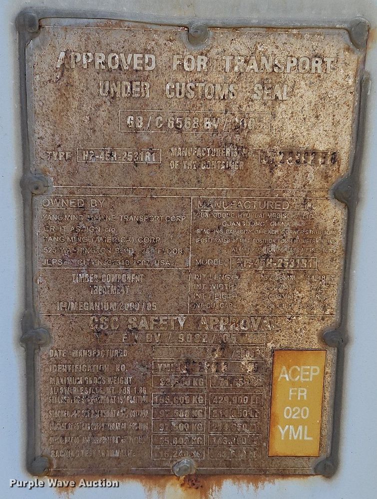 image for item DP2393 2006 Yang Ming HP-45H-2531R1  shipping container