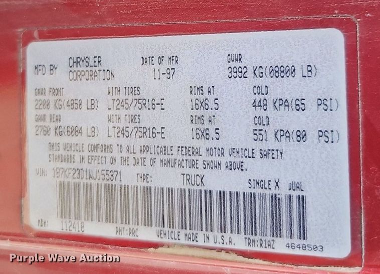 image for item DQ0327 1998 Dodge Ram 2500  Quad Cab pickup truck