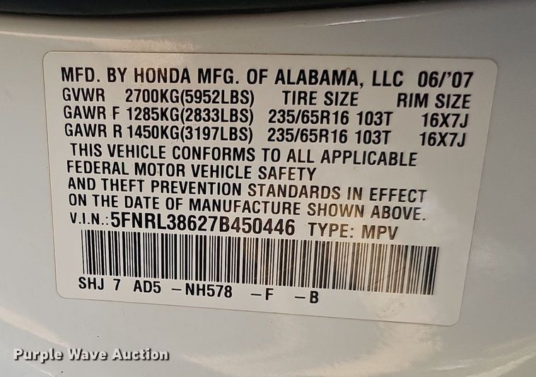 image for item DQ1155 2007 Honda Odyssey  van