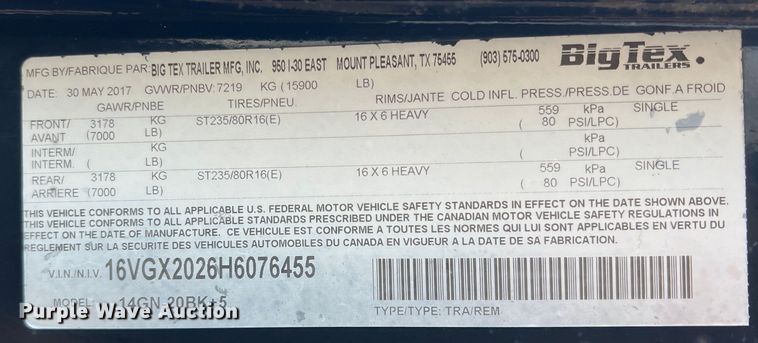 image for item DS2388 2017 Big Tex 14GN-20BK+5  equipment trailer