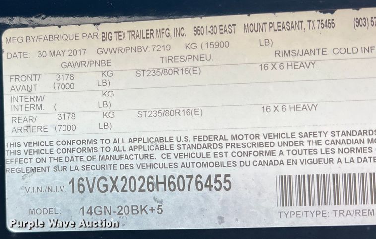 image for item DS2388 2017 Big Tex 14GN-20BK+5  equipment trailer