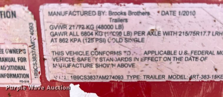 image for item DS2405 2010 Brooks Brothers 4RT-383-15KE  reel trailer