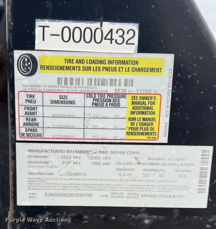 image for item DS2416 2019 Sure-Trac ST10220LPD02A-B-150  equipment trailer