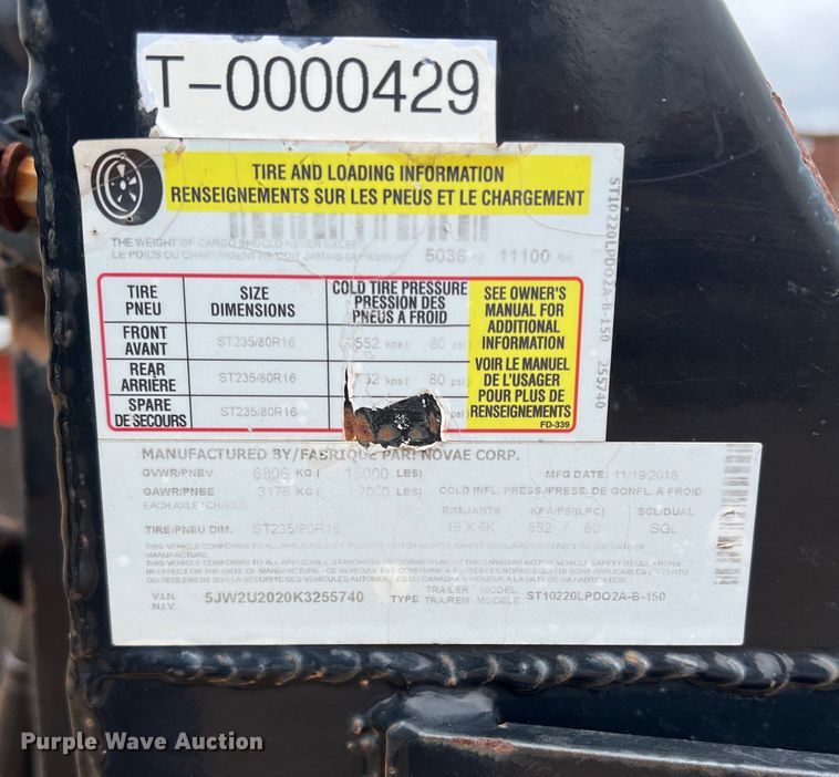 image for item DS2419 2019 Sure-Trac ST10220LPDO2A-B-150  equipment trailer