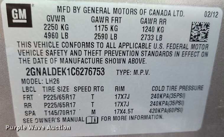 image for item IQ9938 2012 Chevrolet Equinox LT  SUV