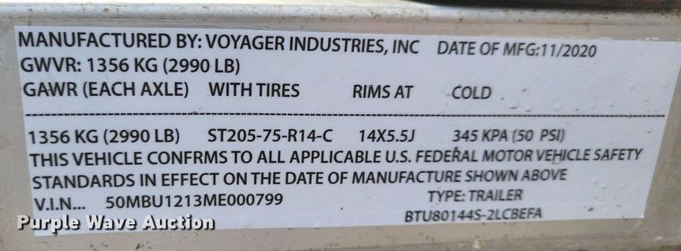 image for item IQ9952 2021 Voyager Industries Bear Track  utility trailer