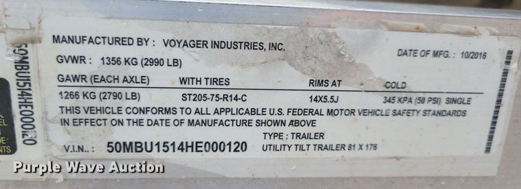 image for item IQ9953 2017 Voyager Industries Bear Track  tilt deck utility trailer