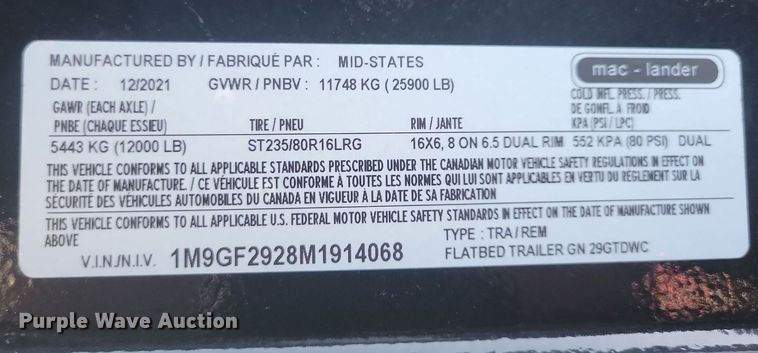 image for item IQ9963 2021 Mac-lander 29GTDWC  equipment trailer