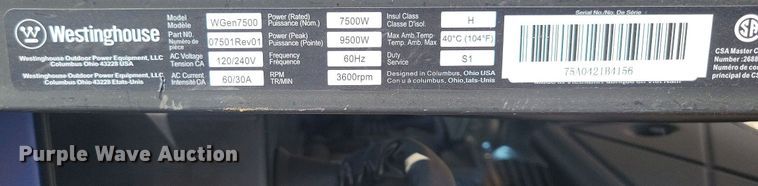 image for item IQ9987 Westinghouse WGen7500  generator