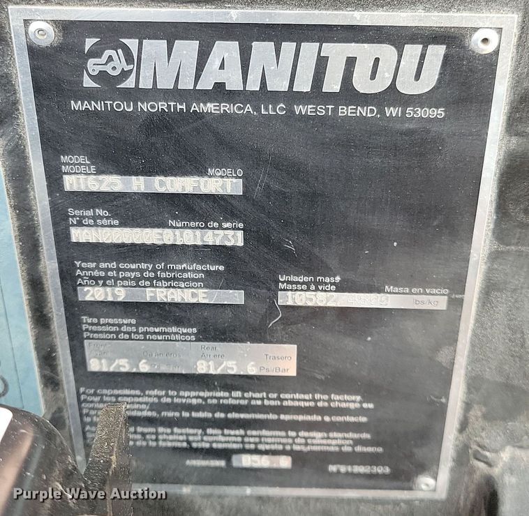 image for item IQ9995 2019 Manitou MT625H  telehandler