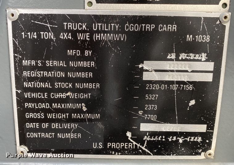 image for item JW9223 1988 Am General HMMWV  SUV