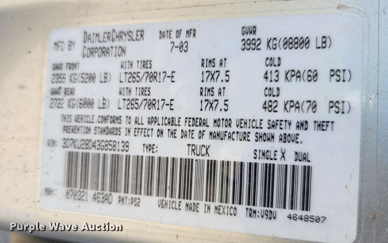 image for item KS9176 2003 Dodge Ram 2500  Quad Cab pickup truck