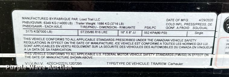image for item KT9351 2020 Load Trail  equipment trailer