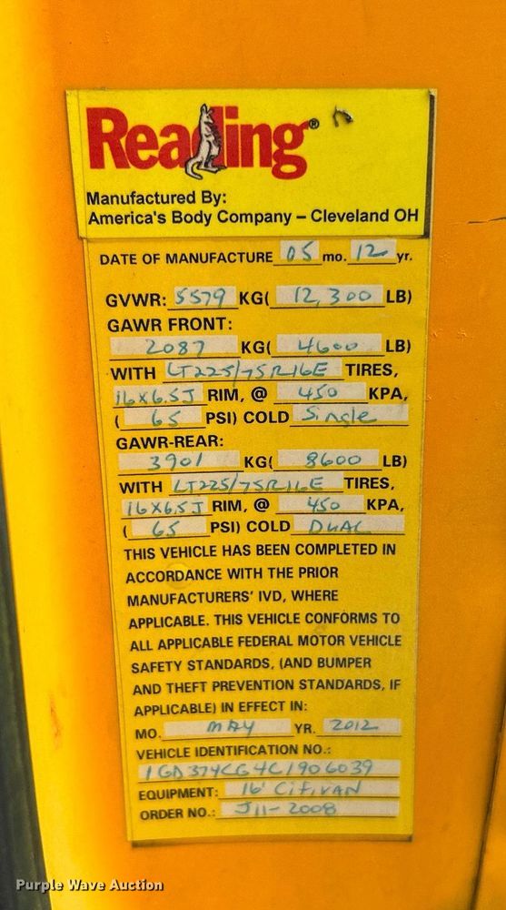 image for item KW9178 2012 GMC Savana  box truck