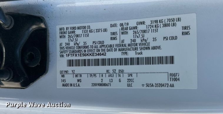 image for item KX9747 2019 Ford  F150 XL SuperCab pickup truck