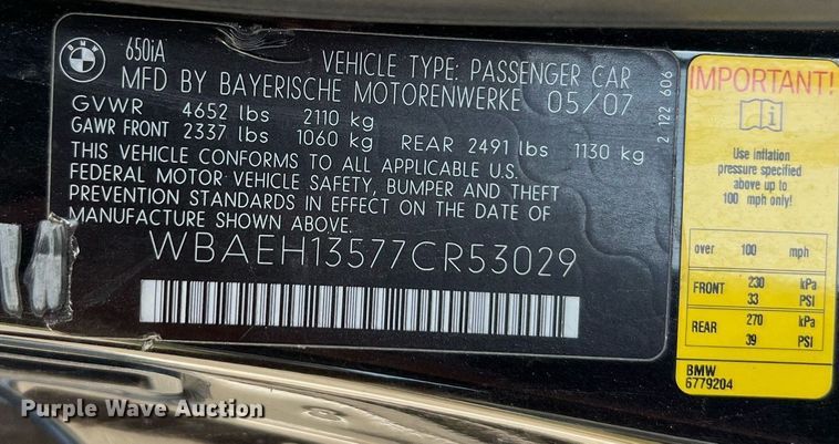 image for item LU9792 2007 BMW 650i