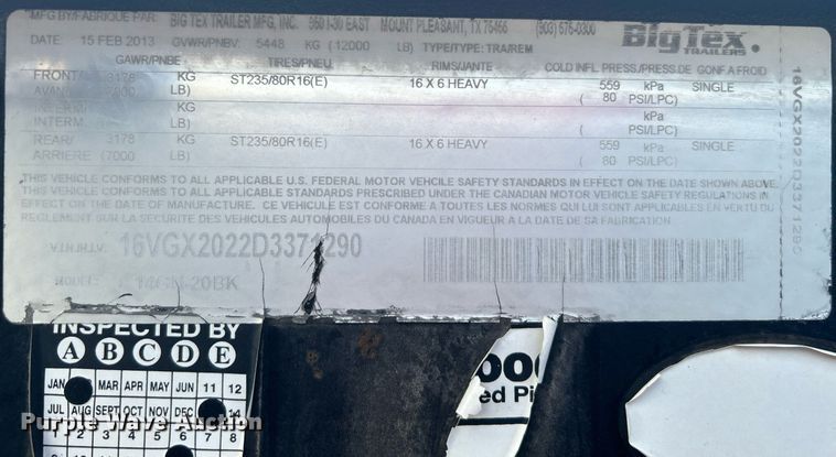 image for item LV9074 2013 Big Tex 14GN-20BK  equipment trailer